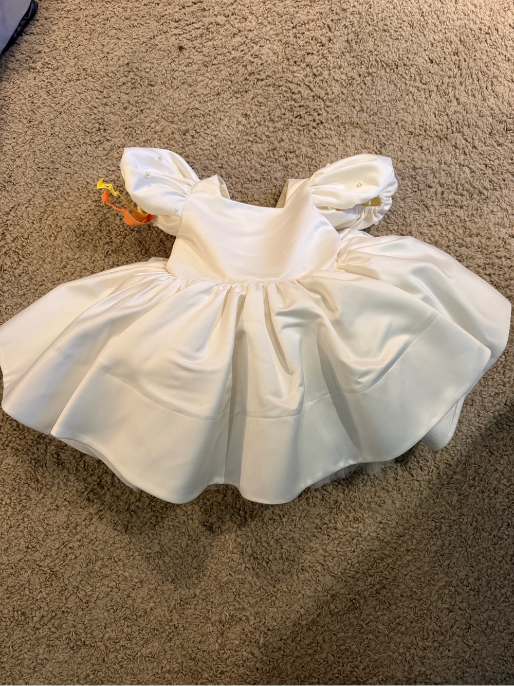 Ivory Satin Puff-Sleeve Baby Dress